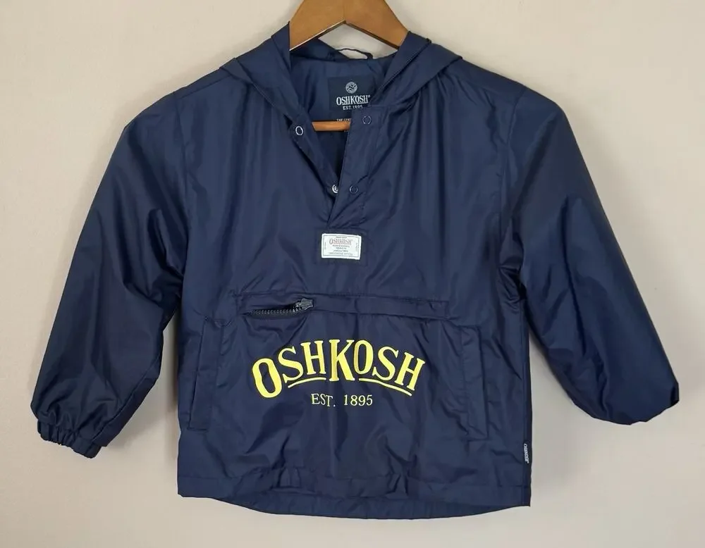 OshKosh B'Gosh Blue Hooded Windbreaker Pullover Pockets Logo Size Kid 6/7